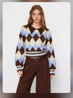 Cider ARGYLE PATTERN WOOL-BLEND COLLAR LONG SLEEVE TOP L WC1-19